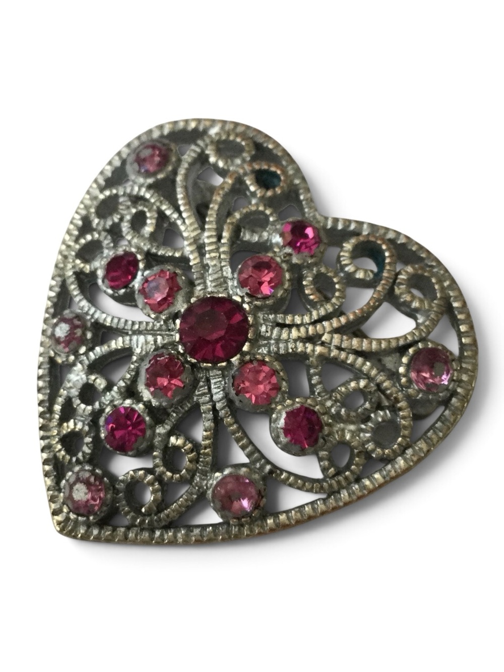 Vintage 1928 Brand Silver-Tone Heart Filigree Brooch with Pink Rhinestones - Picture 6 of 10